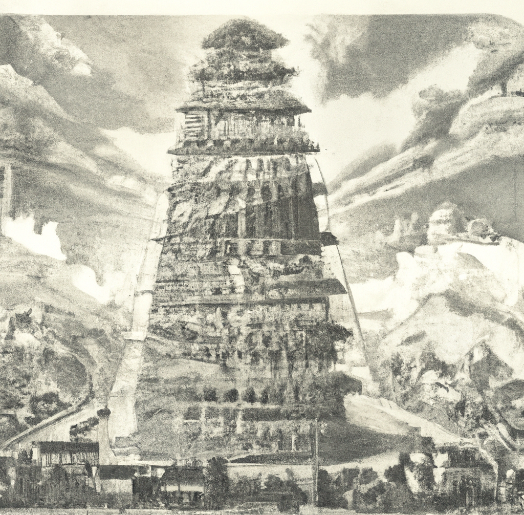 "Tower of Babel".  This is a depiction of the biblical tale from Genesis 11:1-9 which is a parable which explains why and how the people of the world speak different languages.